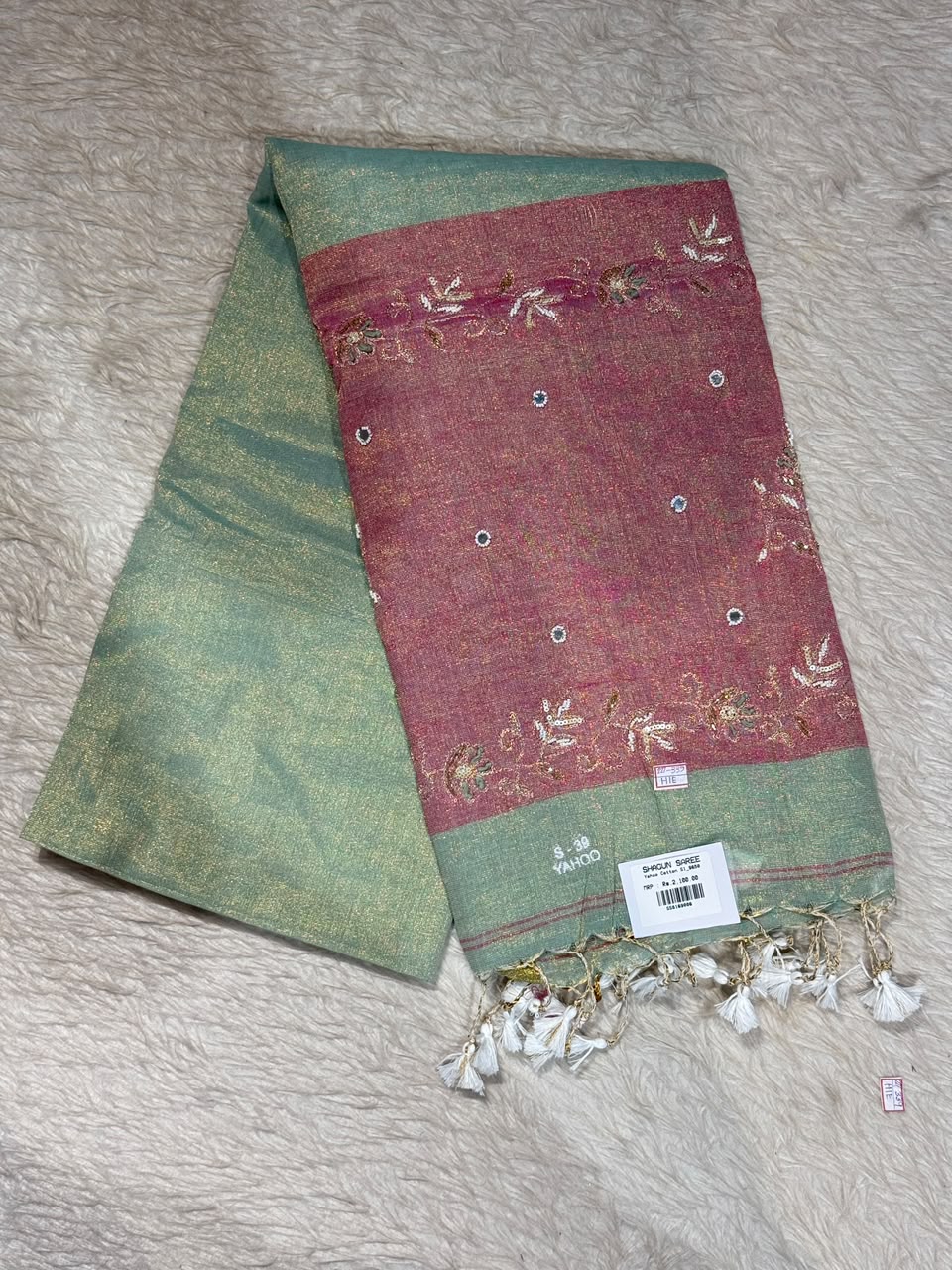 SHAGUN FASHION Exclusive Soft Yahoo Linen Cotton Saree with Rich Embroidery Border, Shiny Metallic Finish & Fancy Tassels Pallu