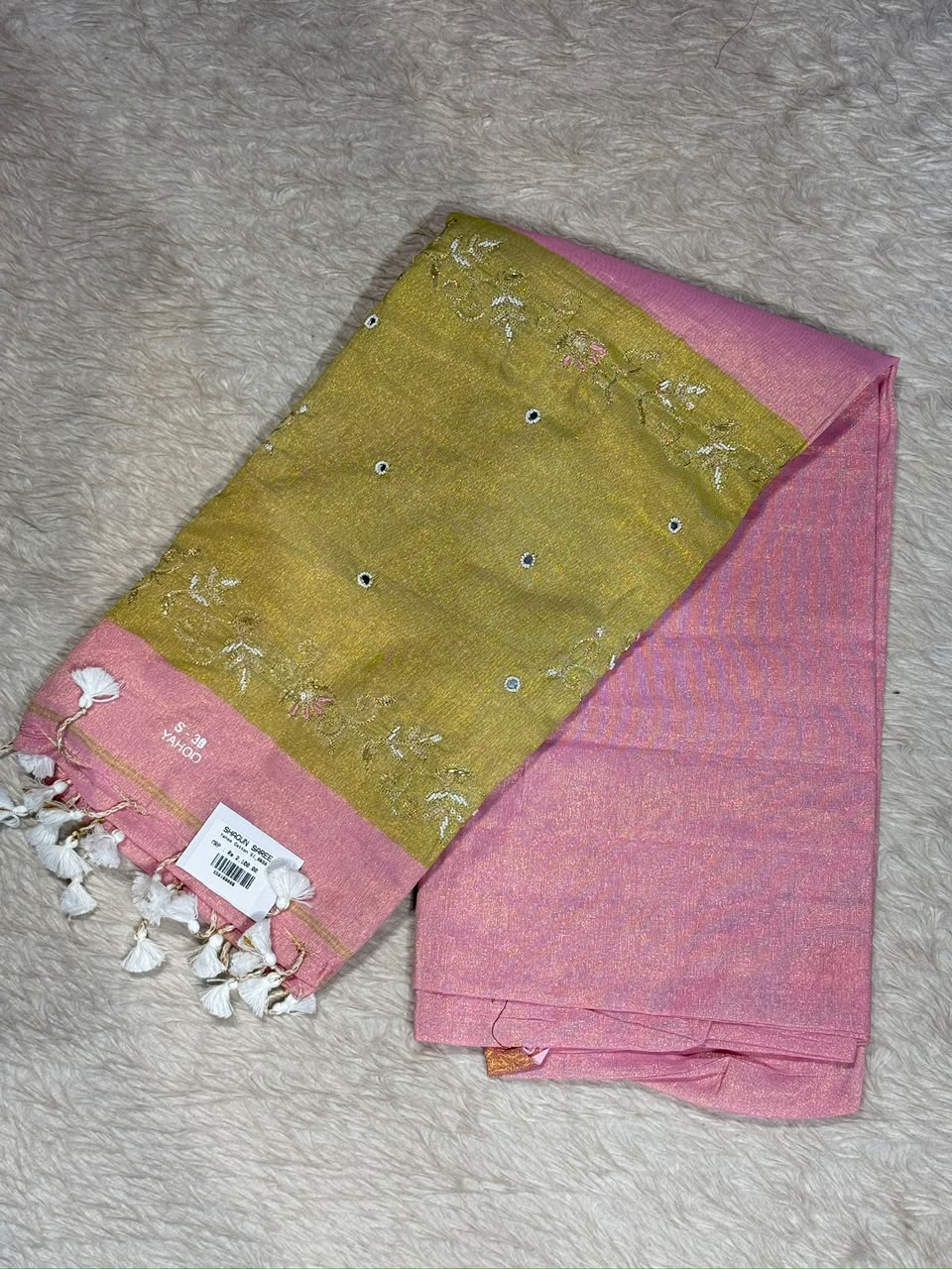 SHAGUN FASHION Exclusive Soft Yahoo Linen Cotton Saree with Rich Embroidery Border, Shiny Metallic Finish & Fancy Tassels Pallu