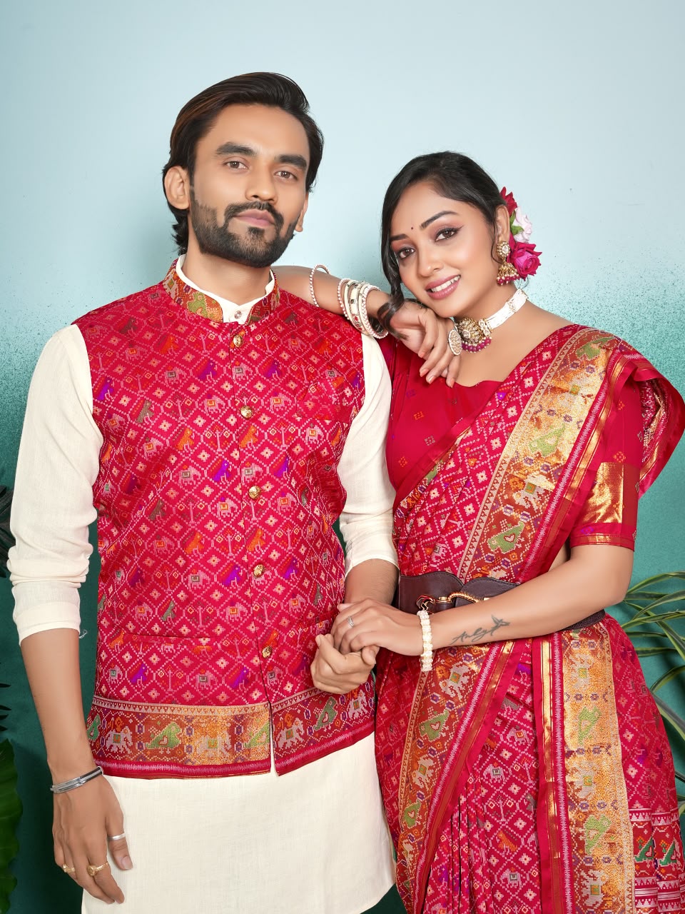 SHAGUN FASHION Premium Designer Couple Combo Set – Matching Patola Silk Saree & Men’s Kurta Jacket Set