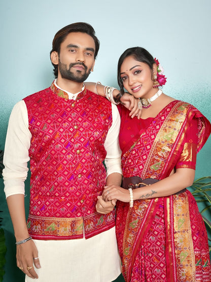 SHAGUN FASHION Premium Designer Couple Combo Set – Matching Patola Silk Saree & Men’s Kurta Jacket Set