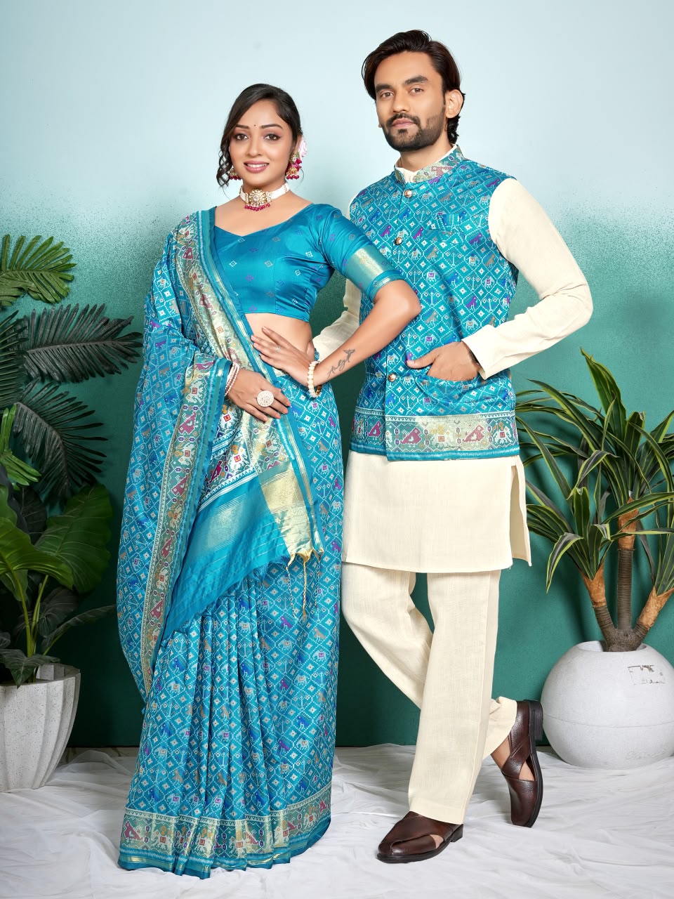 SHAGUN FASHION Premium Designer Couple Combo Set – Matching Patola Silk Saree & Men’s Kurta Jacket Set