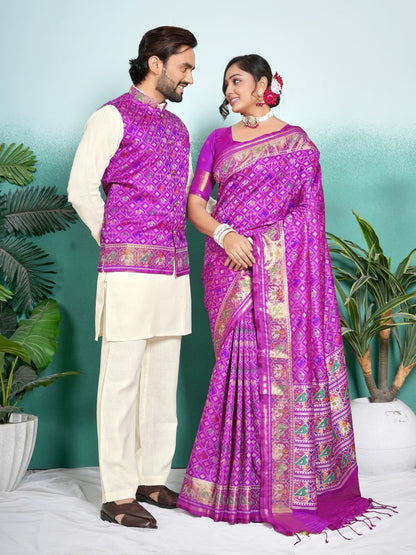 SHAGUN FASHION Premium Designer Couple Combo Set – Matching Patola Silk Saree & Men’s Kurta Jacket Set
