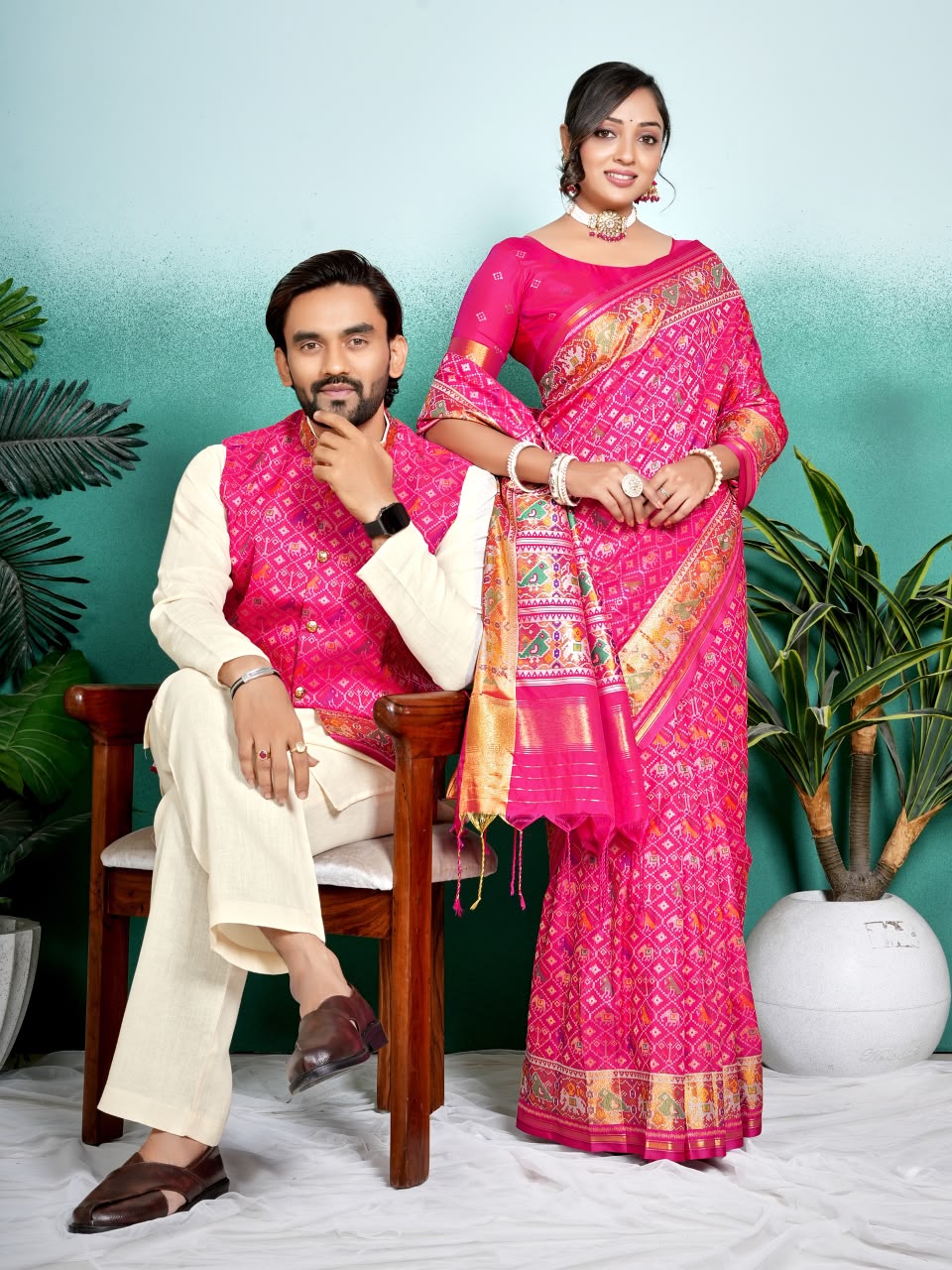 SHAGUN FASHION Premium Designer Couple Combo Set – Matching Patola Silk Saree & Men’s Kurta Jacket Set