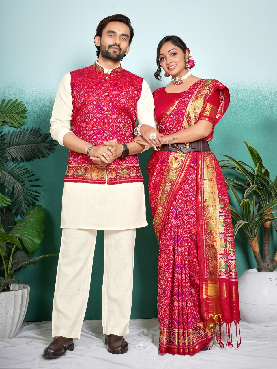 SHAGUN FASHION Premium Designer Couple Combo Set – Matching Patola Silk Saree & Men’s Kurta Jacket Set