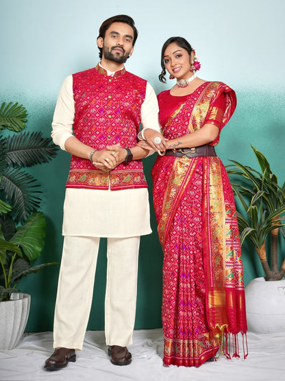 SHAGUN FASHION Premium Designer Couple Combo Set – Matching Patola Silk Saree & Men’s Kurta Jacket Set