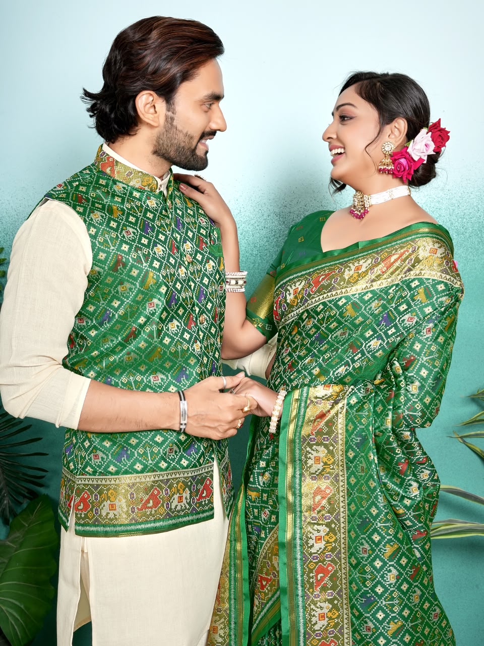 SHAGUN FASHION Premium Designer Couple Combo Set – Matching Patola Silk Saree & Men’s Kurta Jacket Set