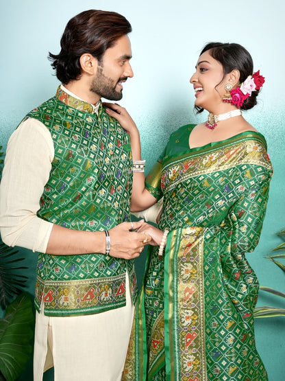 SHAGUN FASHION Premium Designer Couple Combo Set – Matching Patola Silk Saree & Men’s Kurta Jacket Set