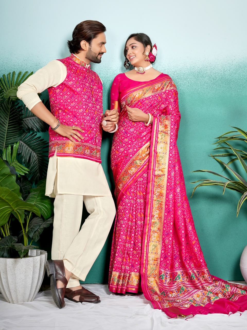 SHAGUN FASHION Premium Designer Couple Combo Set – Matching Patola Silk Saree & Men’s Kurta Jacket Set