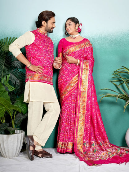 SHAGUN FASHION Premium Designer Couple Combo Set – Matching Patola Silk Saree & Men’s Kurta Jacket Set