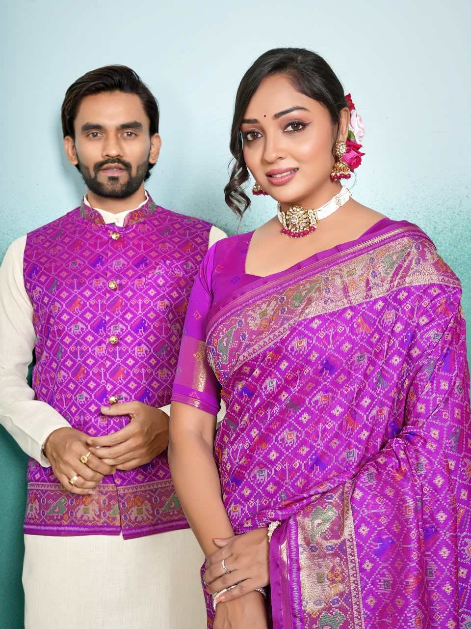 SHAGUN FASHION Premium Designer Couple Combo Set – Matching Patola Silk Saree & Men’s Kurta Jacket Set