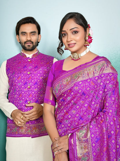 SHAGUN FASHION Premium Designer Couple Combo Set – Matching Patola Silk Saree & Men’s Kurta Jacket Set