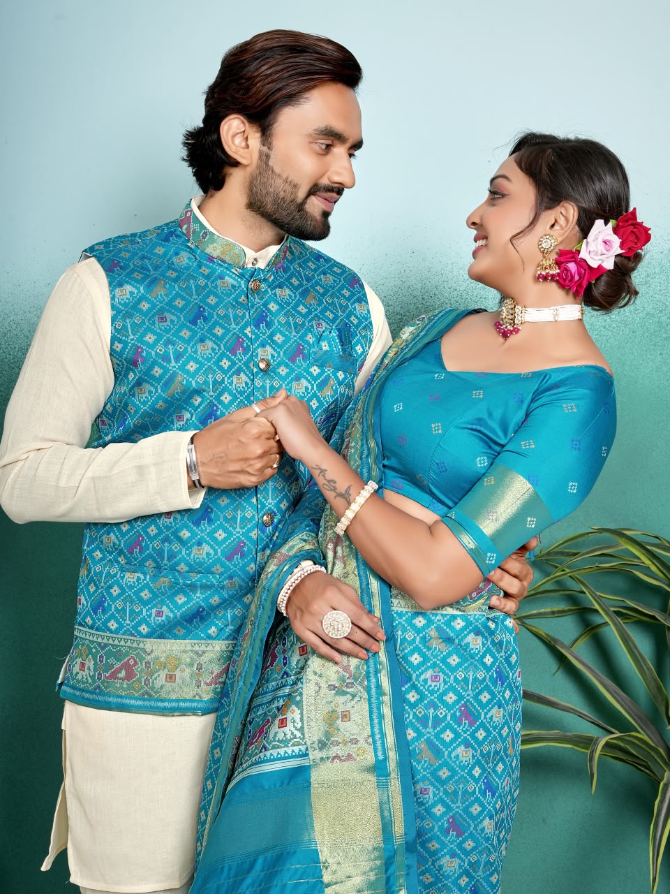 SHAGUN FASHION Premium Designer Couple Combo Set – Matching Patola Silk Saree & Men’s Kurta Jacket Set