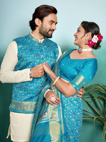 SHAGUN FASHION Premium Designer Couple Combo Set – Matching Patola Silk Saree & Men’s Kurta Jacket Set