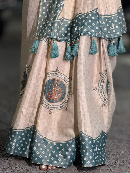 SHAGUN FASHION Exclusive Natural Linen Cotton Saree with Traditional Circular Motifs, Mirror Handwork & Designer Tassels