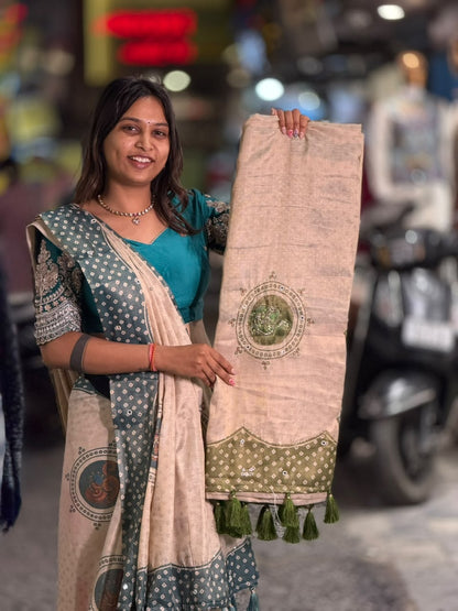 SHAGUN FASHION Exclusive Natural Linen Cotton Saree with Traditional Circular Motifs, Mirror Handwork & Designer Tassels
