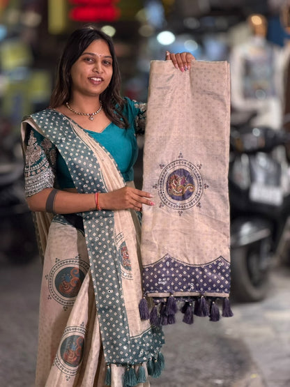 SHAGUN FASHION Exclusive Natural Linen Cotton Saree with Traditional Circular Motifs, Mirror Handwork & Designer Tassels
