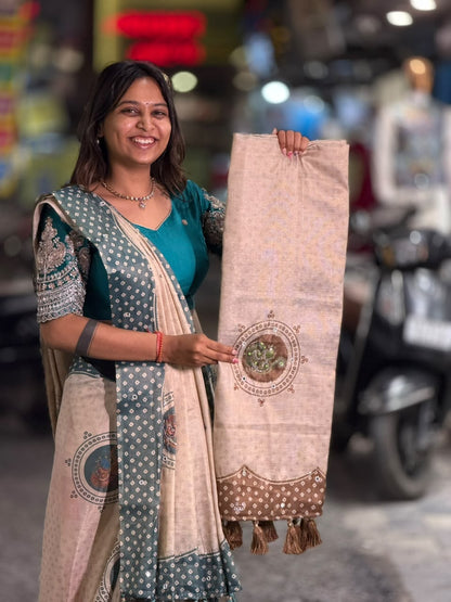 SHAGUN FASHION Exclusive Natural Linen Cotton Saree with Traditional Circular Motifs, Mirror Handwork & Designer Tassels