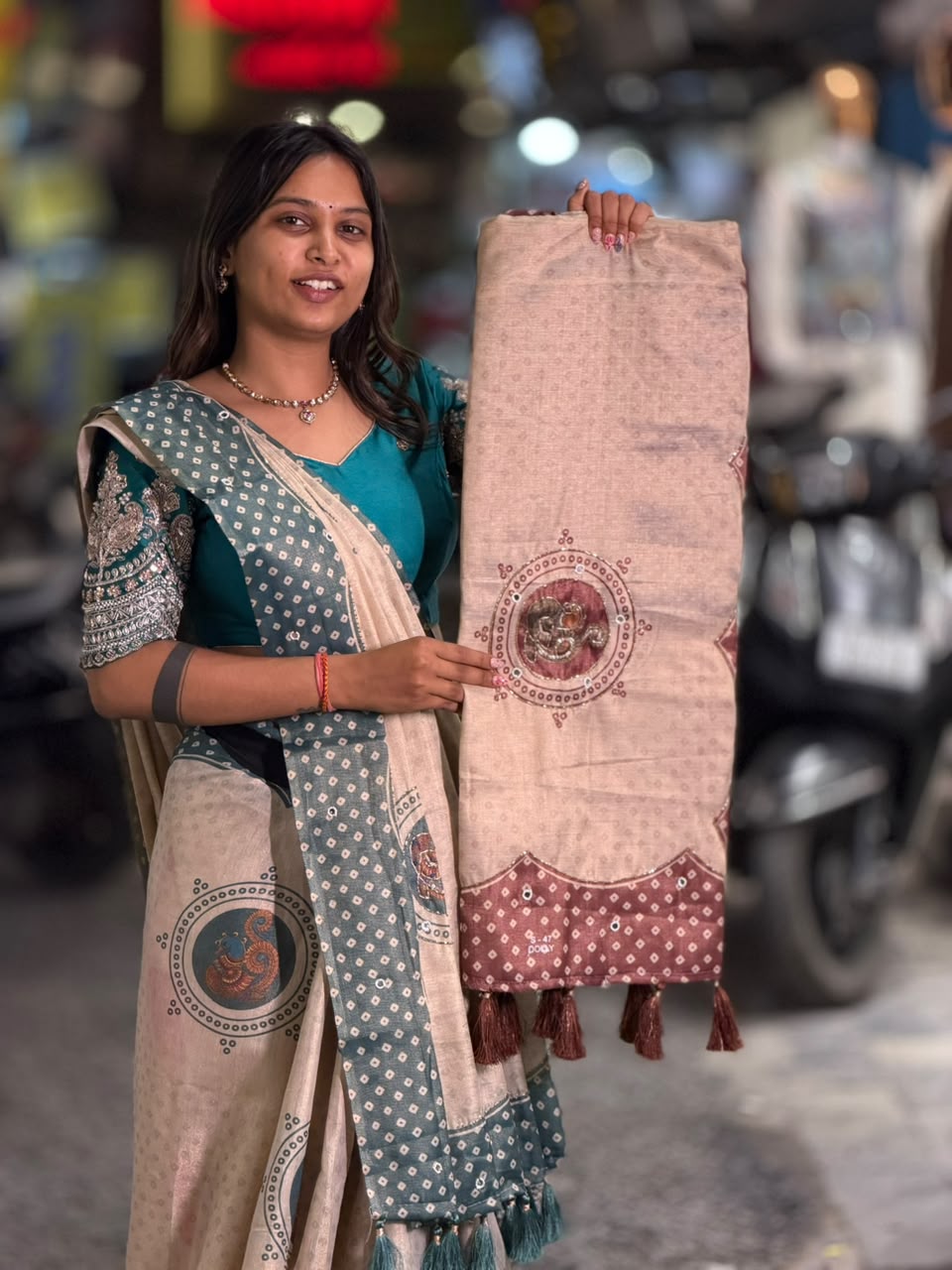 SHAGUN FASHION Exclusive Natural Linen Cotton Saree with Traditional Circular Motifs, Mirror Handwork & Designer Tassels