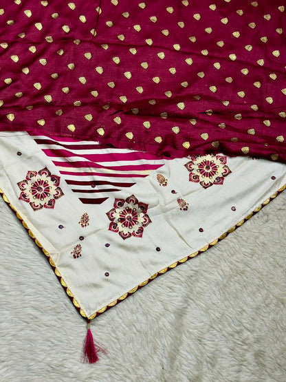 SHAGUN FASHION Premium Uniform Silk Saree with Leheriya Stripes & Mirror Work Mandalas