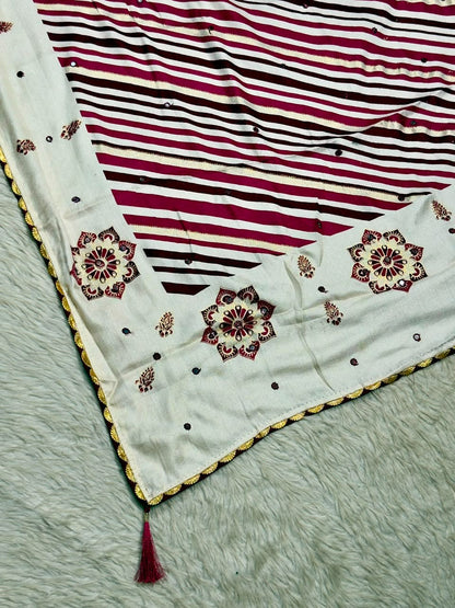 SHAGUN FASHION Premium Uniform Silk Saree with Leheriya Stripes & Mirror Work Mandalas
