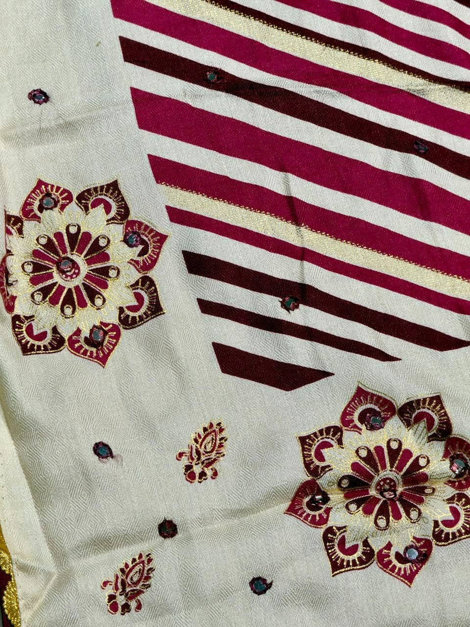 SHAGUN FASHION Premium Uniform Silk Saree with Leheriya Stripes & Mirror Work Mandalas