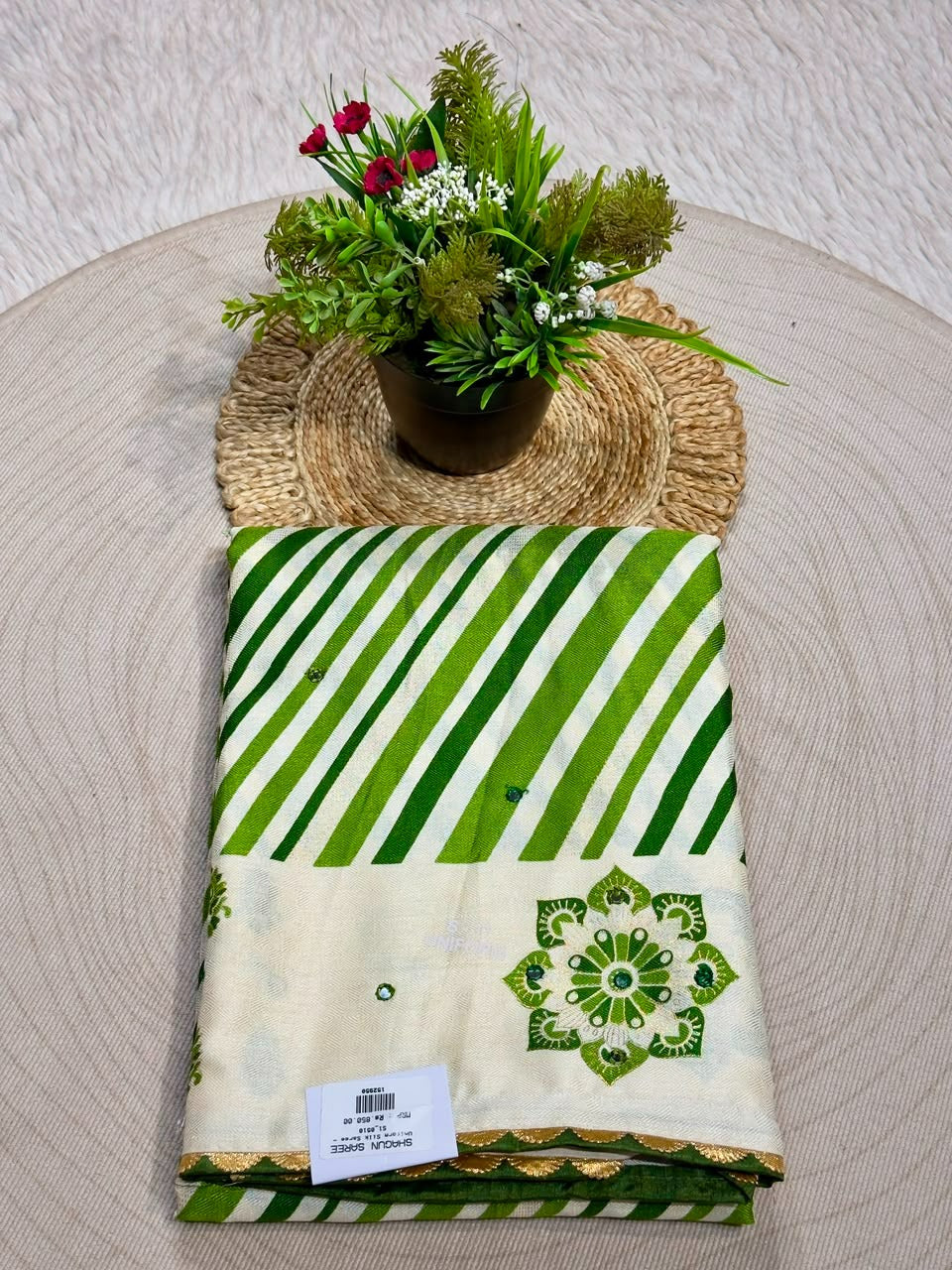 SHAGUN FASHION Premium Uniform Silk Saree with Leheriya Stripes & Mirror Work Mandalas