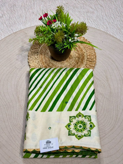 SHAGUN FASHION Premium Uniform Silk Saree with Leheriya Stripes & Mirror Work Mandalas