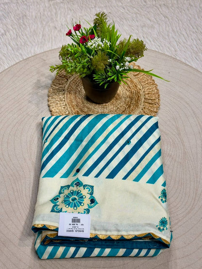 SHAGUN FASHION Premium Uniform Silk Saree with Leheriya Stripes & Mirror Work Mandalas