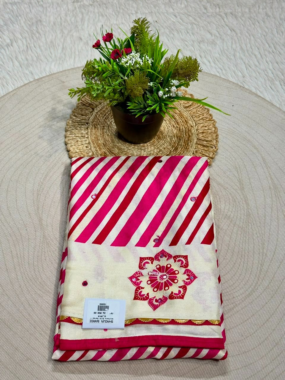 SHAGUN FASHION Premium Uniform Silk Saree with Leheriya Stripes & Mirror Work Mandalas