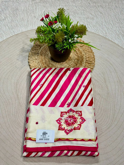 SHAGUN FASHION Premium Uniform Silk Saree with Leheriya Stripes & Mirror Work Mandalas