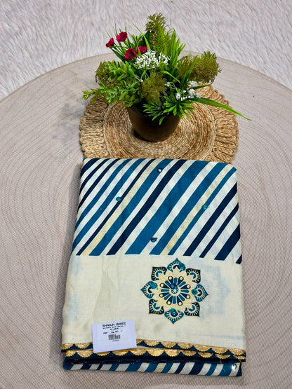SHAGUN FASHION Premium Uniform Silk Saree with Leheriya Stripes & Mirror Work Mandalas