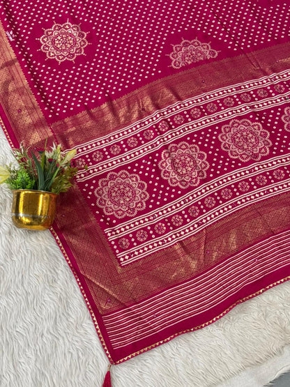 SHAGUN FASHION Premium Bandhani Print Art Silk Saree with Rich Zari Border & Mandala Motif Pallu