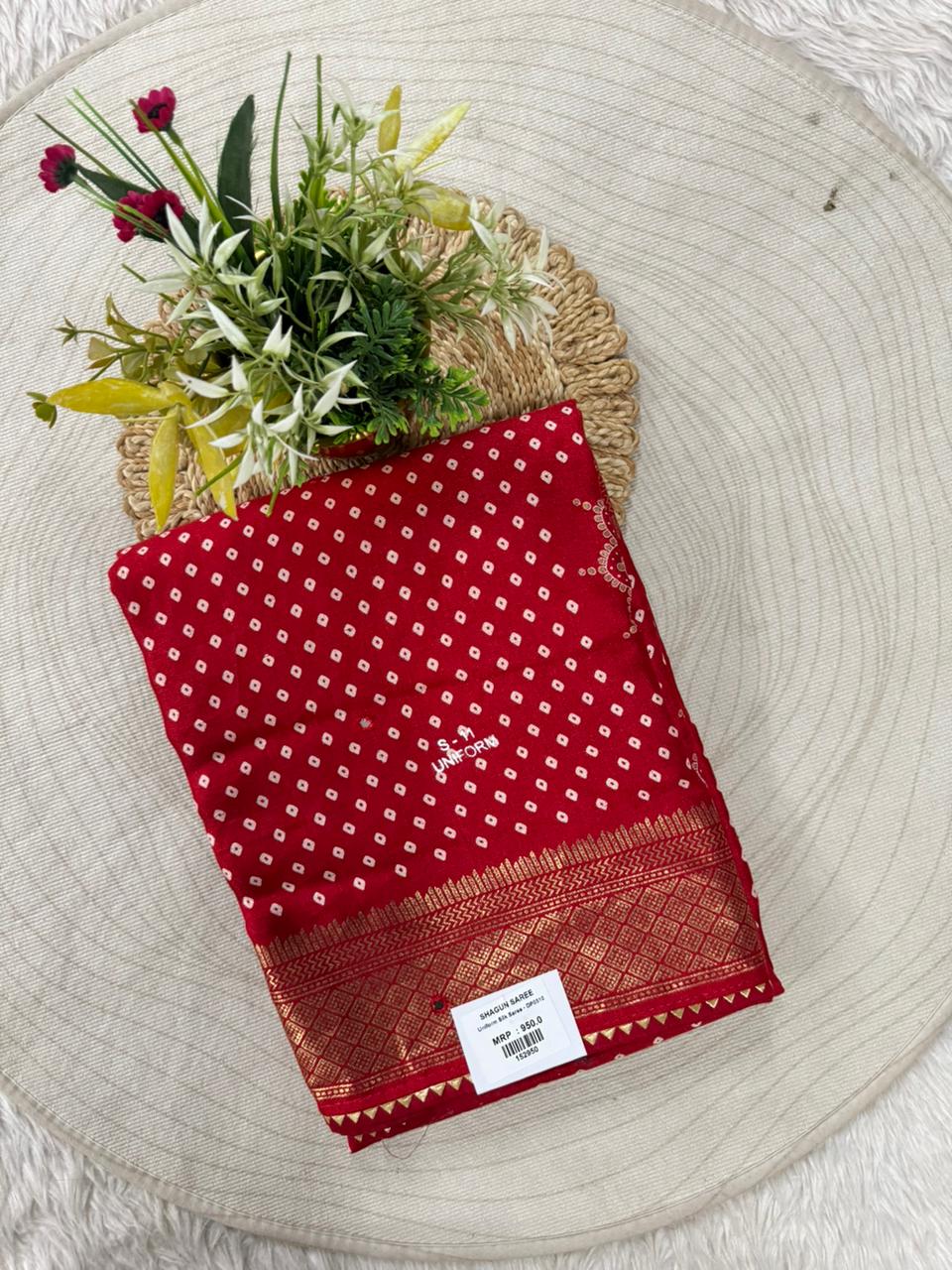 SHAGUN FASHION Premium Bandhani Print Art Silk Saree with Rich Zari Border & Mandala Motif Pallu