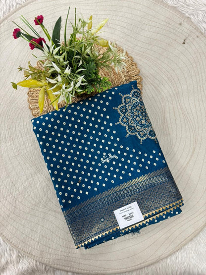 SHAGUN FASHION Premium Bandhani Print Art Silk Saree with Rich Zari Border & Mandala Motif Pallu