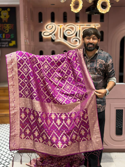 SHAGUN FASHION Premium Gajji Silk Patola & Bandhani Print Saree with Heavy Zari Weaved Pallu & Tassels