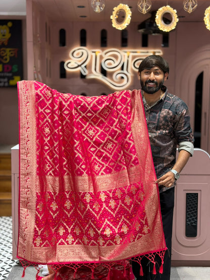 SHAGUN FASHION Premium Gajji Silk Patola & Bandhani Print Saree with Heavy Zari Weaved Pallu & Tassels