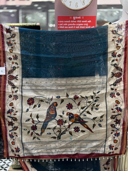 SHAGUN FASHION Premium Kalamkari & Peacock Printed Tussar Silk Saree with Contrast Blouse Piece