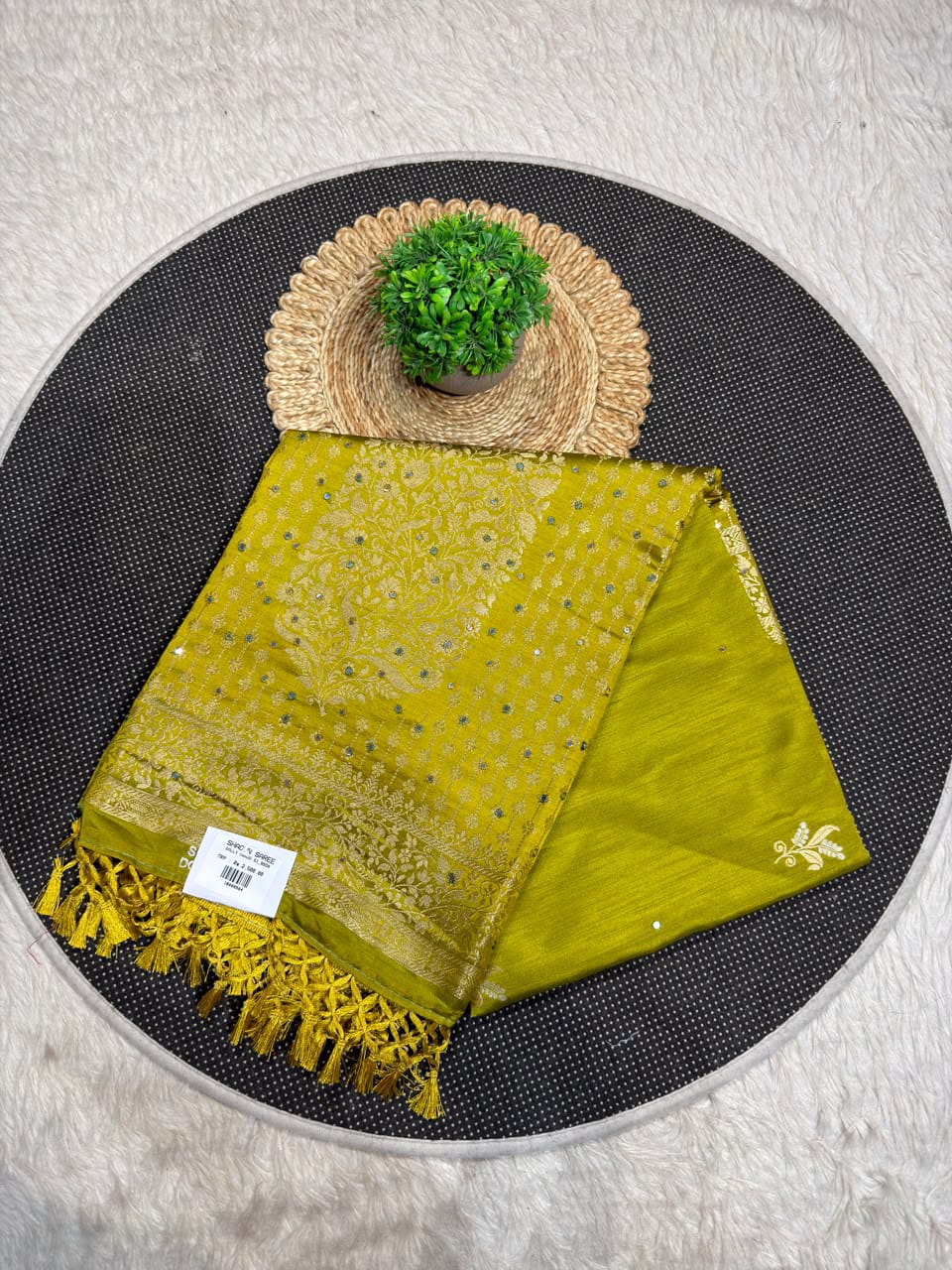 SHAGUN FASHION Premium Dola Silk Saree with Rich Gold Zari Weaving, Mirror Sequin Work & Tassels