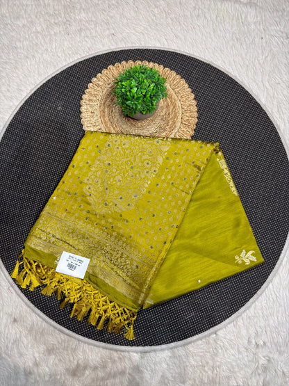 SHAGUN FASHION Premium Dola Silk Saree with Rich Gold Zari Weaving, Mirror Sequin Work & Tassels