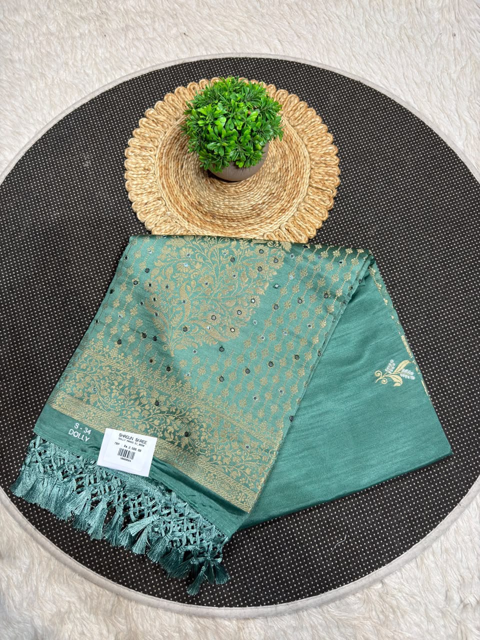 SHAGUN FASHION Premium Dola Silk Saree with Rich Gold Zari Weaving, Mirror Sequin Work & Tassels