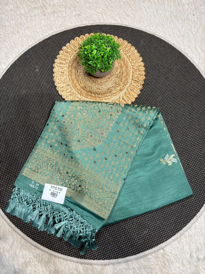SHAGUN FASHION Premium Dola Silk Saree with Rich Gold Zari Weaving, Mirror Sequin Work & Tassels