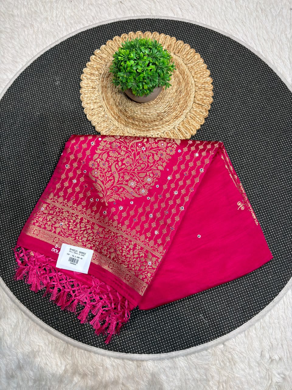 SHAGUN FASHION Premium Dola Silk Saree with Rich Gold Zari Weaving, Mirror Sequin Work & Tassels