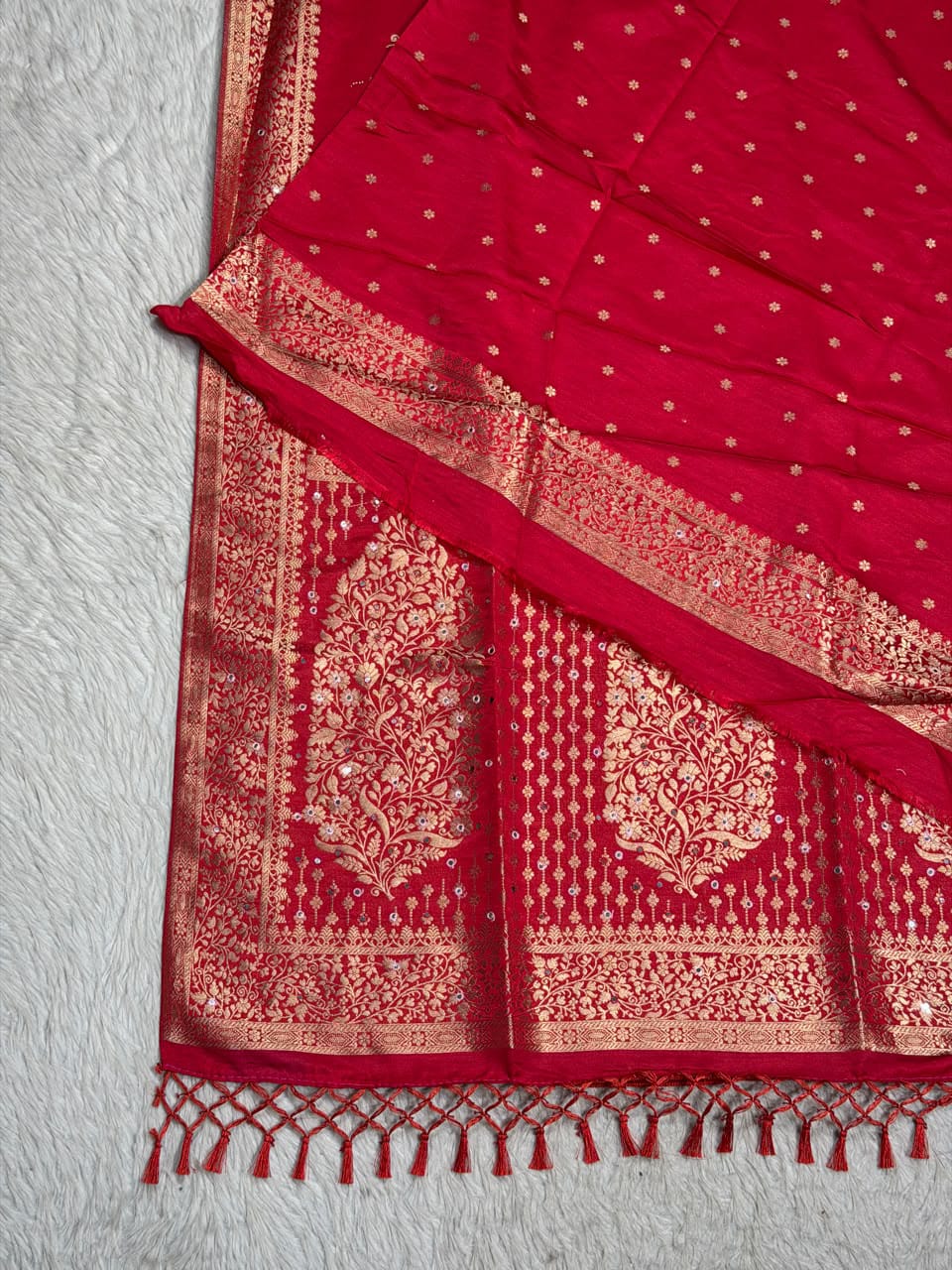 SHAGUN FASHION Premium Dola Silk Saree with Rich Gold Zari Weaving, Mirror Sequin Work & Tassels