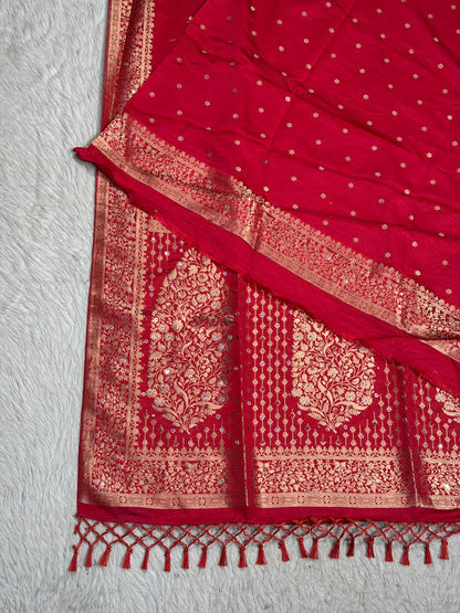 SHAGUN FASHION Premium Dola Silk Saree with Rich Gold Zari Weaving, Mirror Sequin Work & Tassels