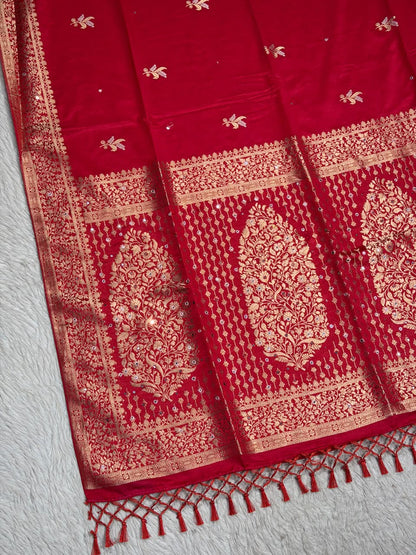 SHAGUN FASHION Premium Dola Silk Saree with Rich Gold Zari Weaving, Mirror Sequin Work & Tassels