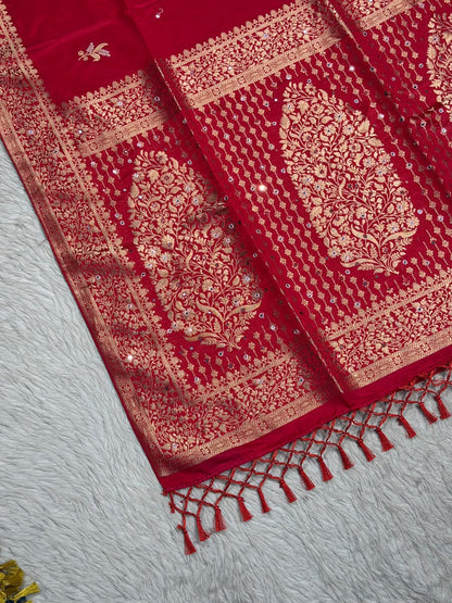 SHAGUN FASHION Premium Dola Silk Saree with Rich Gold Zari Weaving, Mirror Sequin Work & Tassels